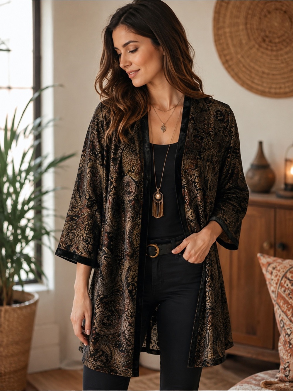 POL Black and Gold Paisley Velvet Kimono-Style Open Front Jacket Cardigan Boho